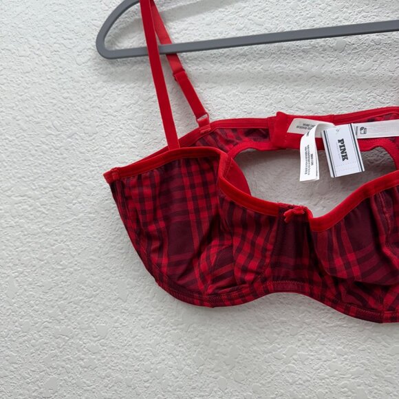 Pink Victorias Secret Red Plaid Balconette Adjustable Bra Womens size 38DD NEW - Picture 2 of 7